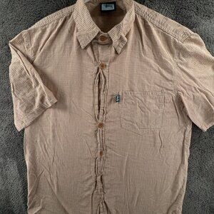 Stussy Beige Check Button Up Shirt Short Sleeve Men Polyester Cotton Blend Med